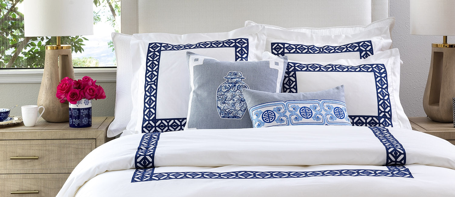 KYLIE EURO PILLOW WHITE COTTON SATEEN 400TC / INK BLUE EMBROIDERY 26X26 (INSERT INCLUDED)