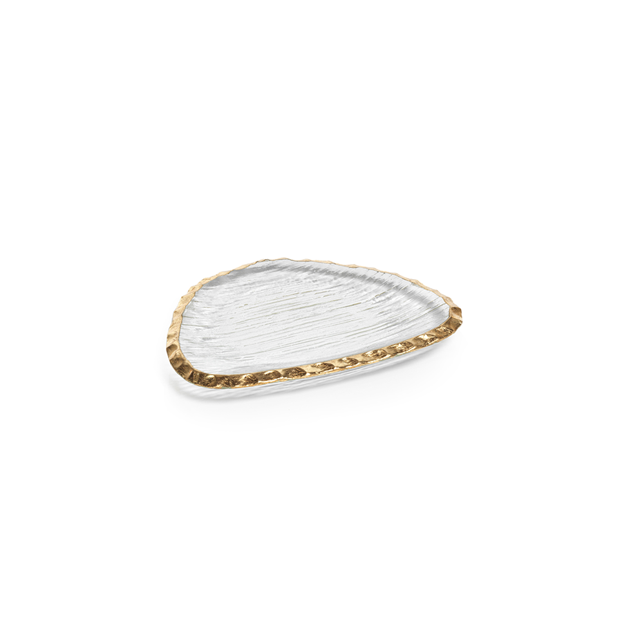 CLEAR TEXTURED ORGANIC SHAPE PLATE WITH JAGGED GOLD RIM - SMALL