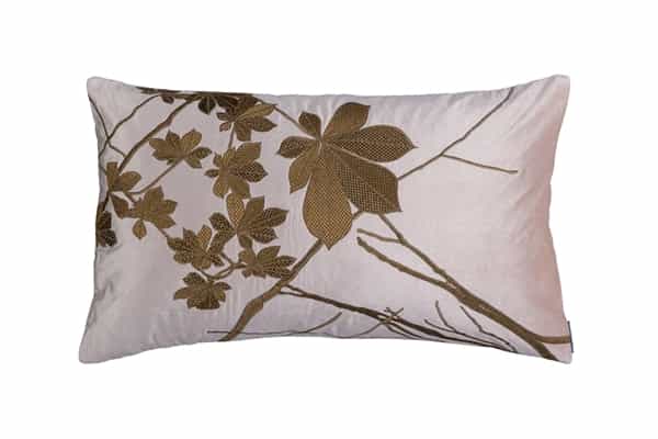 LEAF DECORATIVE PILLOW BLUSH VELVET WITH GOLD BASKETWEAVE AND ANTIQUE GOLD MACHINE EMBROIDERY 18X30