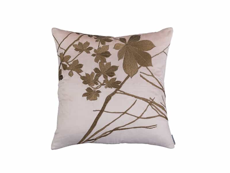 LEAF DECORATIVE PILLOW BLUSH VELVET WITH GOLD BASKETWEAVE AND ANTIQUE GOLD MACHINE EMBROIDERY 24X24